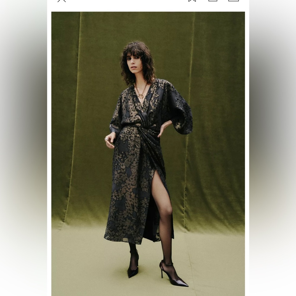 Zara Black and Gold Floral Wrap Dress with Kimono Sleeves